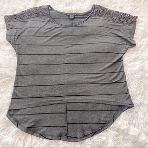 American Dream Gray w/Black Stripes Hi Low T Shirt w/Crochet Detail; SZ L; BNWT